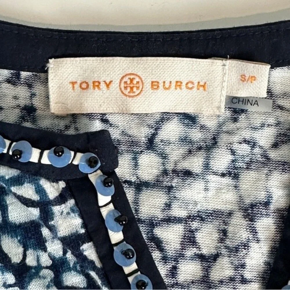 Tory Burch Linen Indigo Beaded Short Sleeve Tunic S
